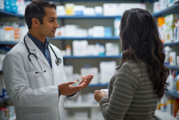 A patient talking to a pharmacist