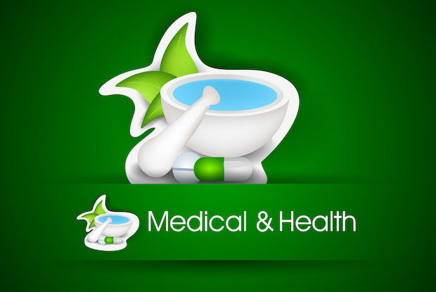A graphic of a pestle and mortar behind the words “Medical & Health.”