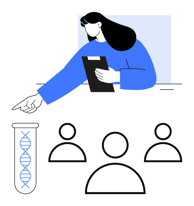 An abstract graphic of a practitioner assessing clinical trials with patients.
