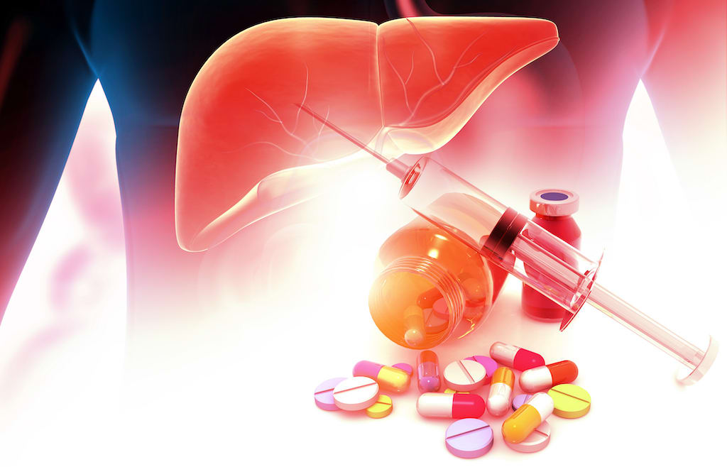graphic of the liver, human body, and weight loss medication
