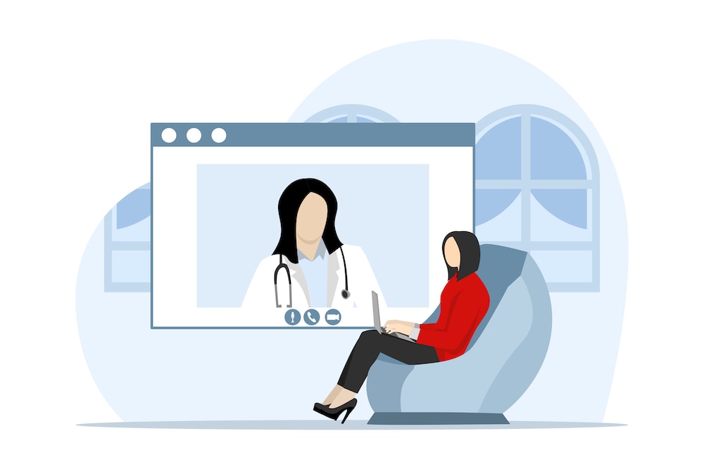 A graphic of a patient conferencing with an online provider. 