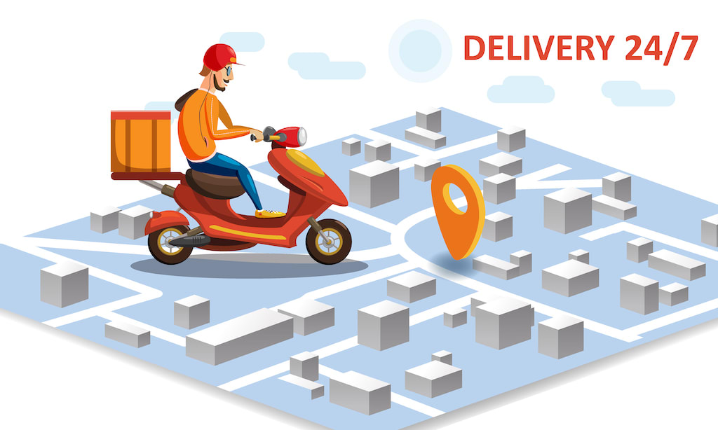A graphic of a delivery driver on a moped in a city