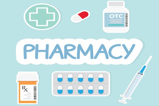 A graphic of the words “pharmacy” along with a prescription bottle, a syringe, and pills in a blister pack.