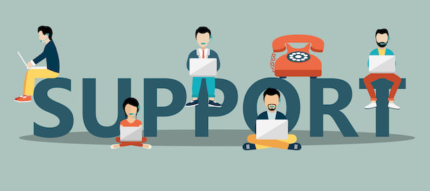 A graphic of people sitting on the word “support” while communicating on computers. 