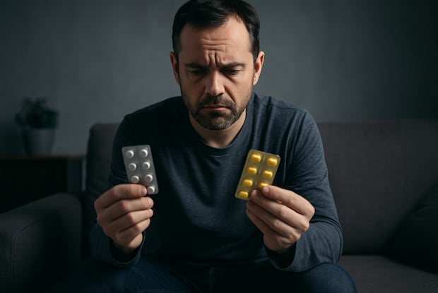 a gloomy and depressed man choosing between two different antidepressants