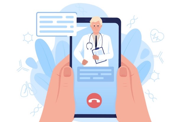 An abstract graphic of a telehealth doctor giving telehealth guidance on a mobile phone.