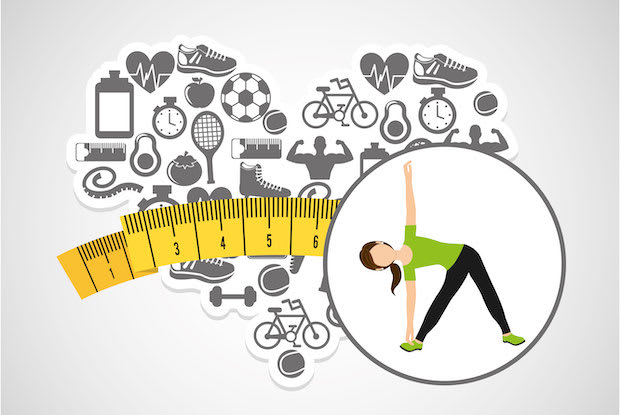 An abstract graphic of a person doing yoga amongst health graphics. 