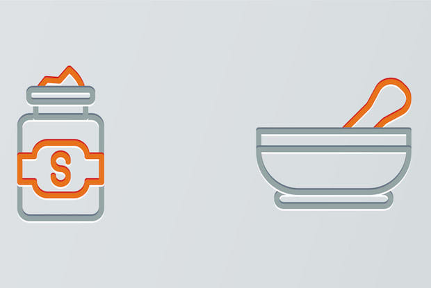 line drawing of medication and mortar and pestle on a grey background