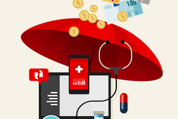 A graphic of money, an umbrella, and images representing telehealth costs. 