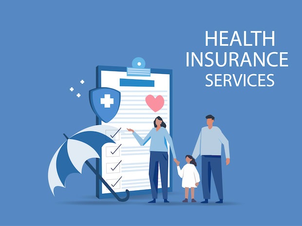 A graphic of a family next to a life-size health insurance chart.
