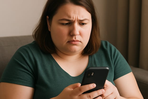a weight loss patient reading medication guidelines on her phone