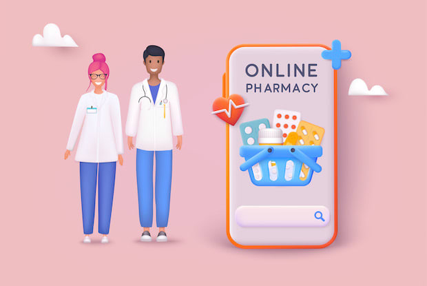 A graphic of medical professionals standing beside a large mobile phone reading “Online Pharmacy.”