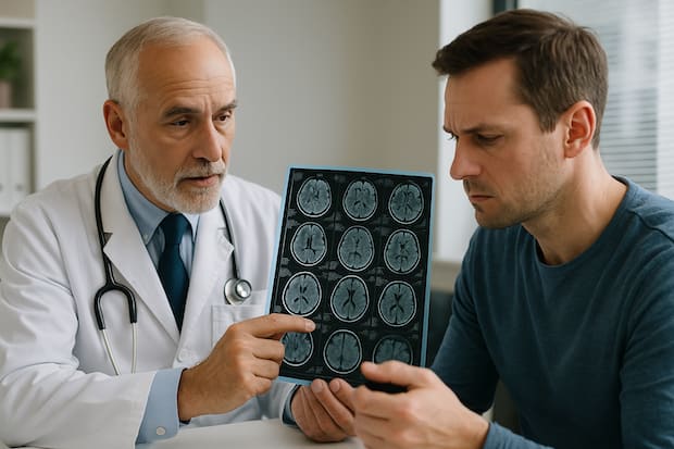 an older doctor presenting a series of MRI scans of the brain to his patient