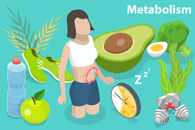 A person surrounded by metabolism factors such as weights, a clock, an egg, and an avocado.