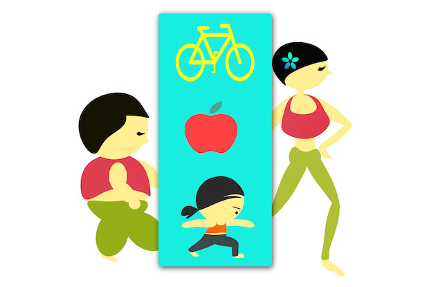 A graphic of three people of various sizes exploring exercise benefits.