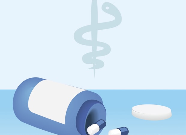 A graphic of a prescription sign and a spilled blue pill bottle.