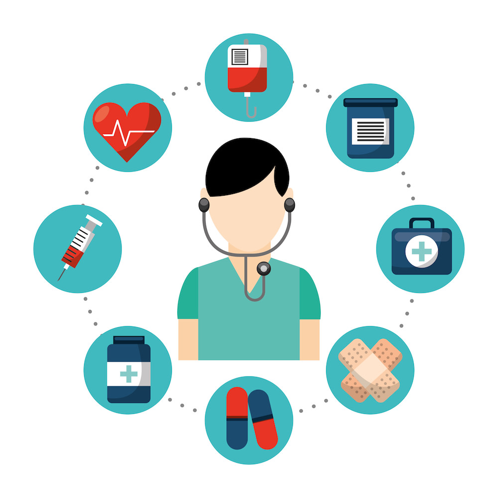 Graphic of a doctor surrounded by all of the various factors of GLP-1 treatment