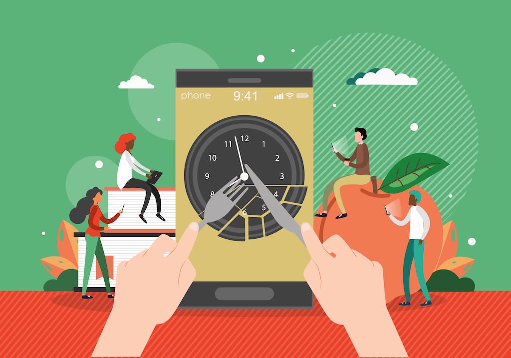 An abstract graphic of hands using a fork and knife to cut a clock with people sitting on fruit while using computers against a green sky. 