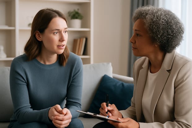 a woman speaking with her therapist about suicidal thoughts after taking escitalopram