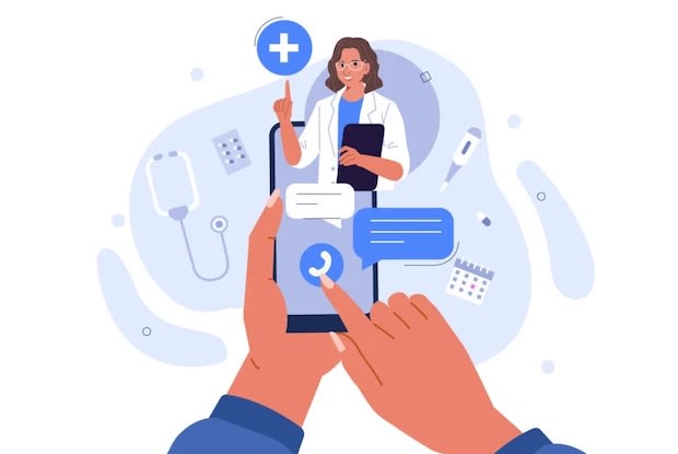 An abstract graphic of a weight loss patient conferring with a telemedicine.