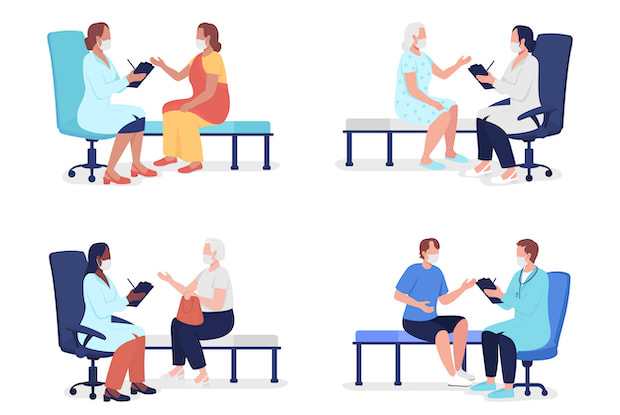 Four images of doctors with their patients assessing healthcare.