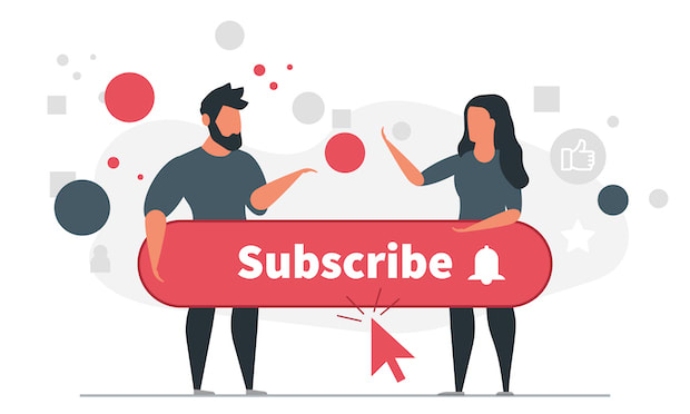 An abstract graphic of a couple holding a large subscription button.