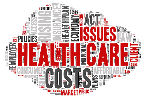A black and red word map of “health care” surrounded by vertical and horizontal related terms. 