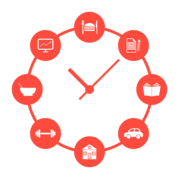 A graphic red clock going around with icons of a healthy routine on the hours. 