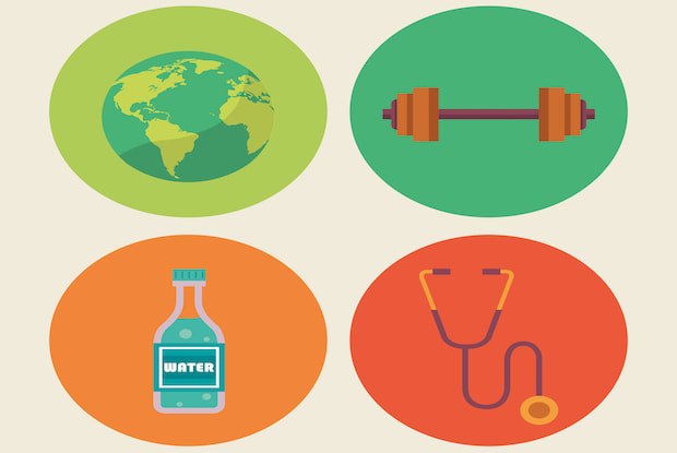 A graphic of four health icons- a stethoscope, world, elixir, and barbell. 