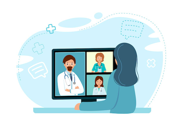 A graphic of a person conferring with weight-loss doctors on a telehealth monitor. 