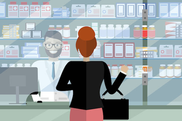 an illustration of a woman at a pharmacy