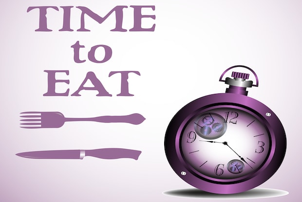 A purple clock, a fork, and a knife under the phrase, “Time to Eat.”