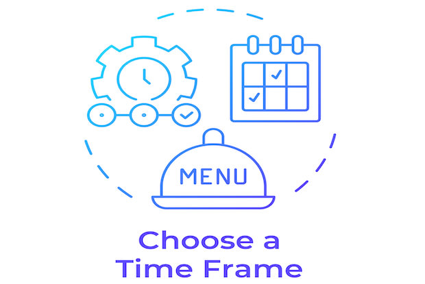 A graphic of a dinner plate, clock, and schedule in a circle with the words “choose a time frame” underneath. 