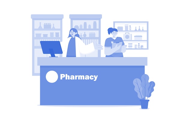 a graphic of two pharmacists working behind a counter
