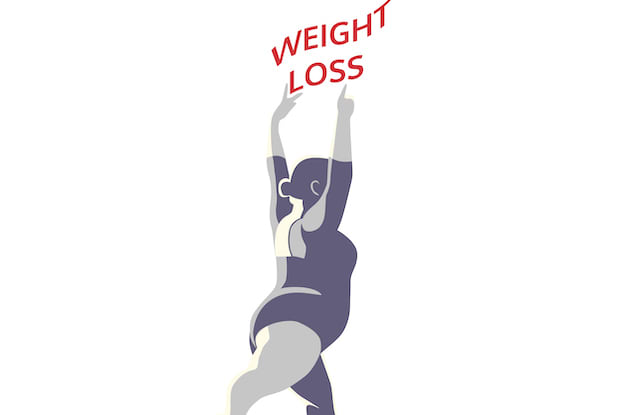 A graphic of a female silhouette celebrating weight loss.