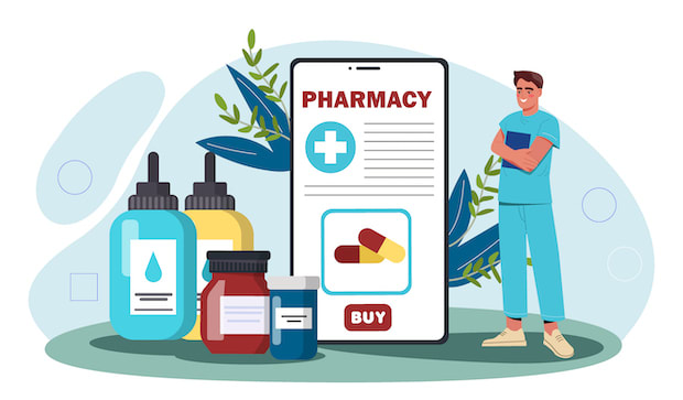 An abstract graphic of a doctor standing next to a life-size mobile phone and weight loss medications. 