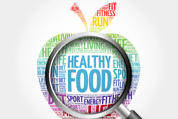 A rainbow-colored, apple-shaped word map and a magnifying glass highlighting the words, “healthy food.”