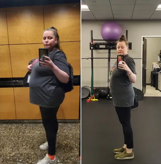 Before and after images of woman taking a photo of herlself in the mirror with a cellphone