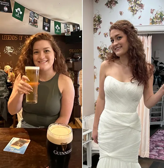 Before and after images, woman in the left holding a drink and in the right wearing a wedding dress