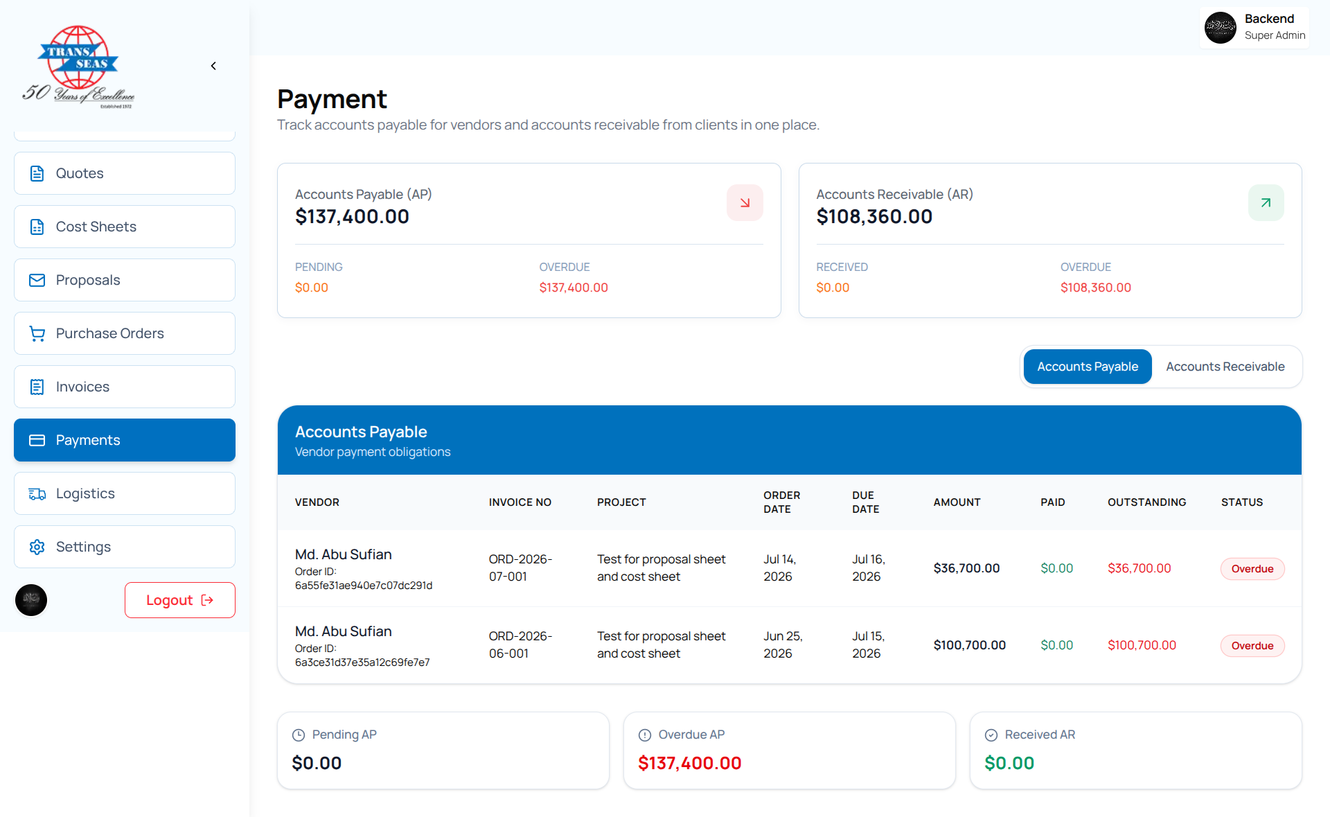 Trans Seas AI — Enterprise Procurement & Logistics Platform Preview Image