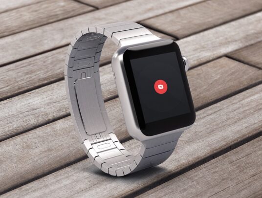 Steel Apple Watch on Wood Mockup