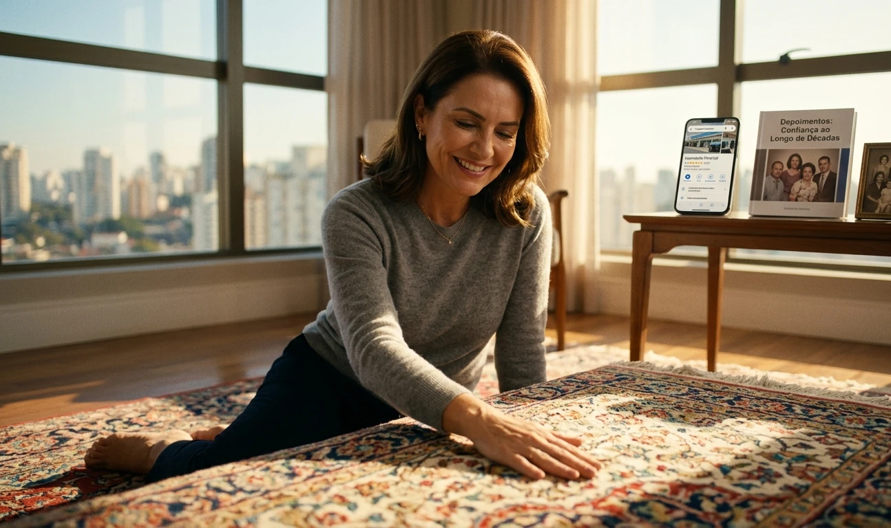 Mulher sofisticada e sorridente sentada no piso de madeira de um apartamento iluminado em São Paulo, tocando com satisfação um tapete clássico e limpo. Ao fundo sobre uma mesa, um smartphone exibe o perfil da Lavanderia Umarizal com nota máxima de avaliações no Google, representando a confiança e a aprovação real dos clientes com o serviço premium de higienização de tapetes.