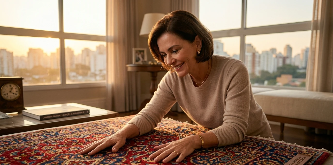 Mulher sofisticada sorrindo com satisfação ao acariciar as fibras revitalizadas e as cores vibrantes de um tapete persa clássico na sala de um apartamento de alto padrão com vista para São Paulo.