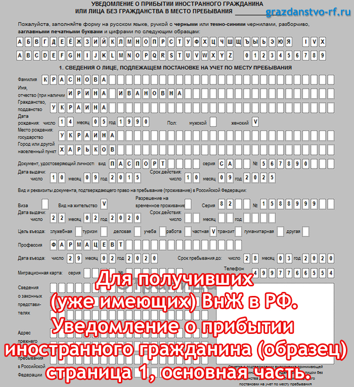 Образец для заполнения регистрации для иностранного гражданина