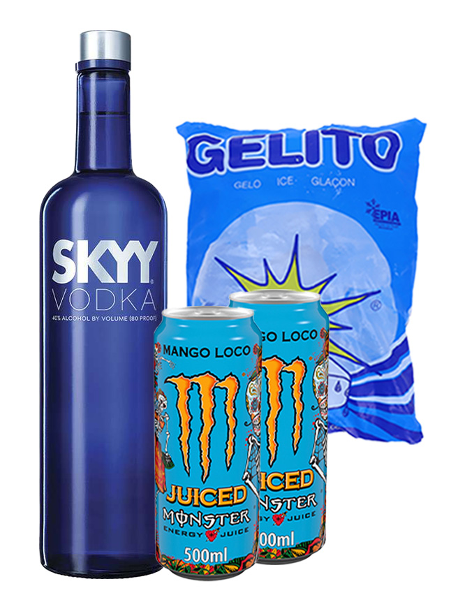Pack Vodka Sky + 2 Monster Mango Loco + Gelo