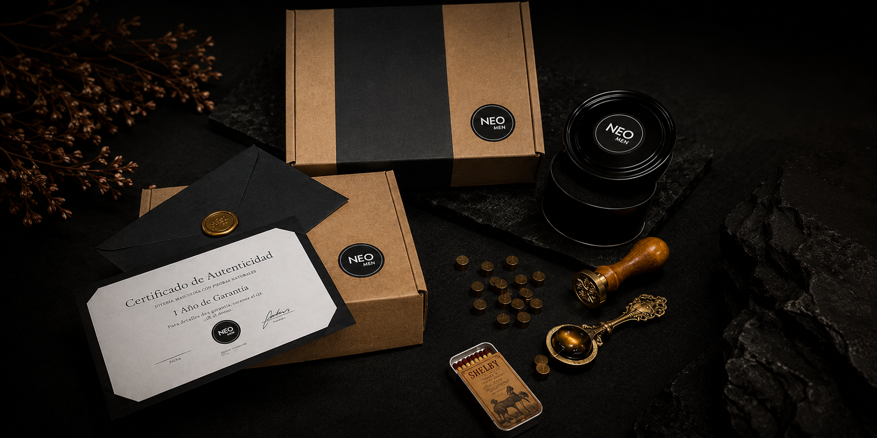 Packaging NEO MEN cofre premium certificado autenticidad
