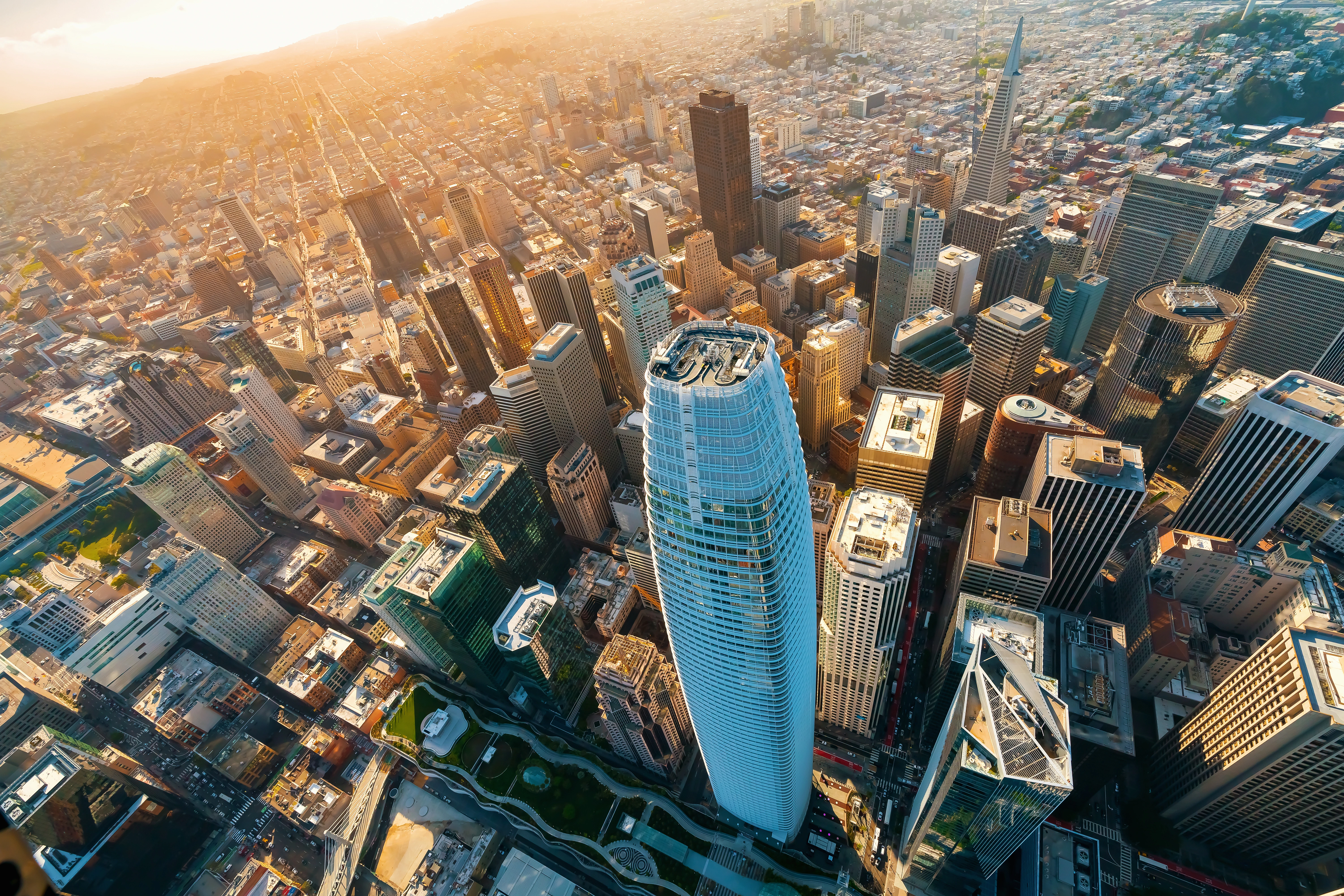 Aerial city skyline at sunset