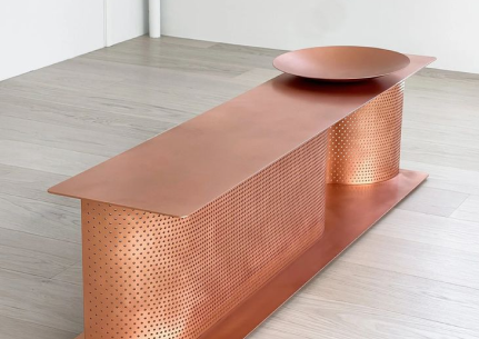 Copper element cube on a periodic table background