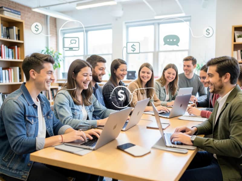Student working on laptop online jobs