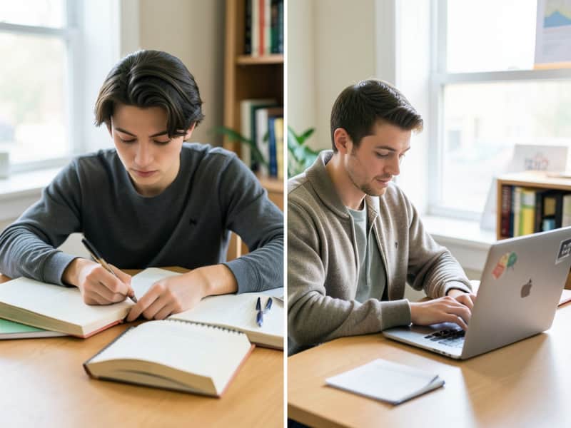 Student writing online jobs notes